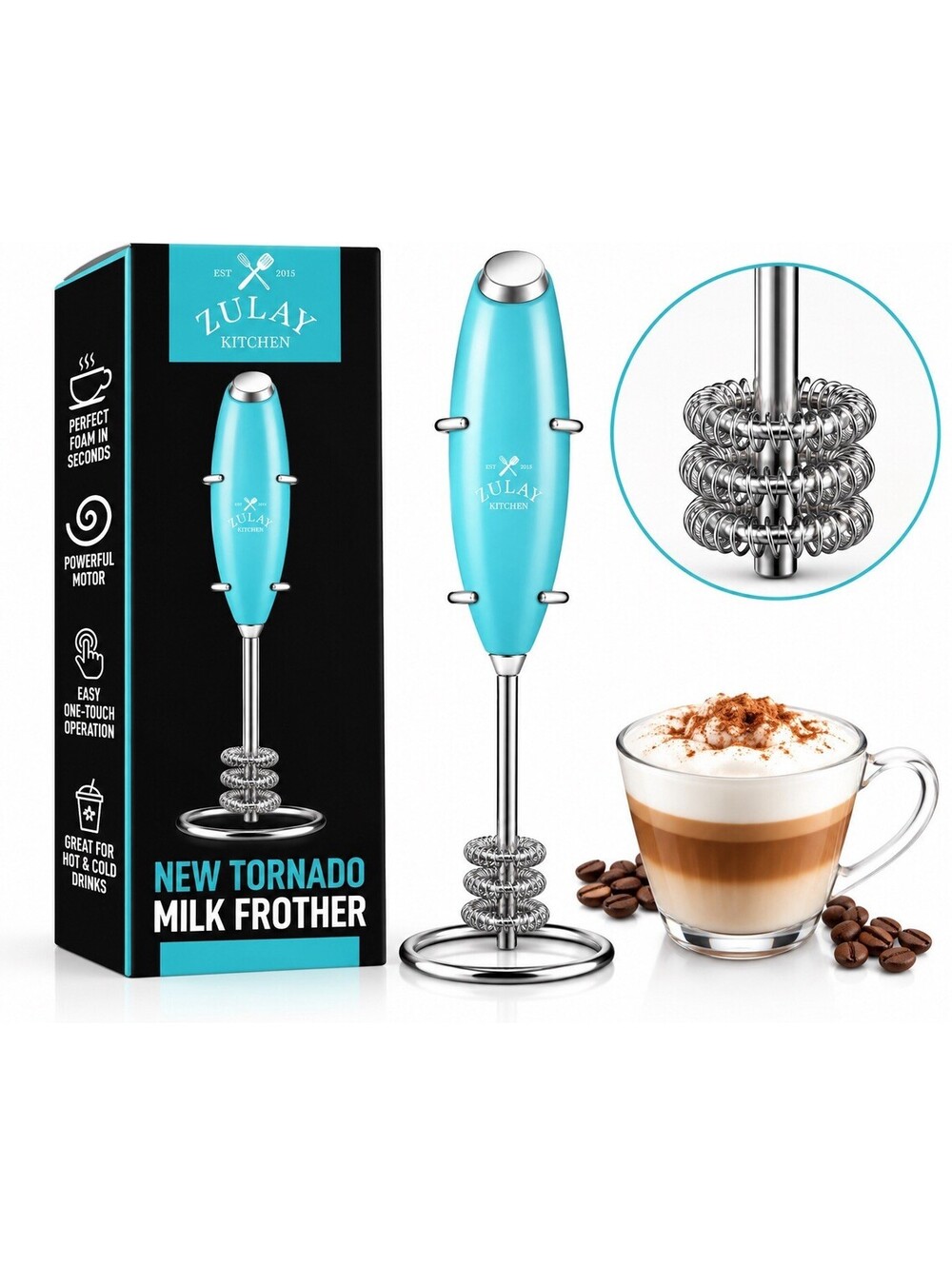 🩵 Zulay Kitchen New Tornado Milk Frother Teal Triple Whisk w/ Stand
